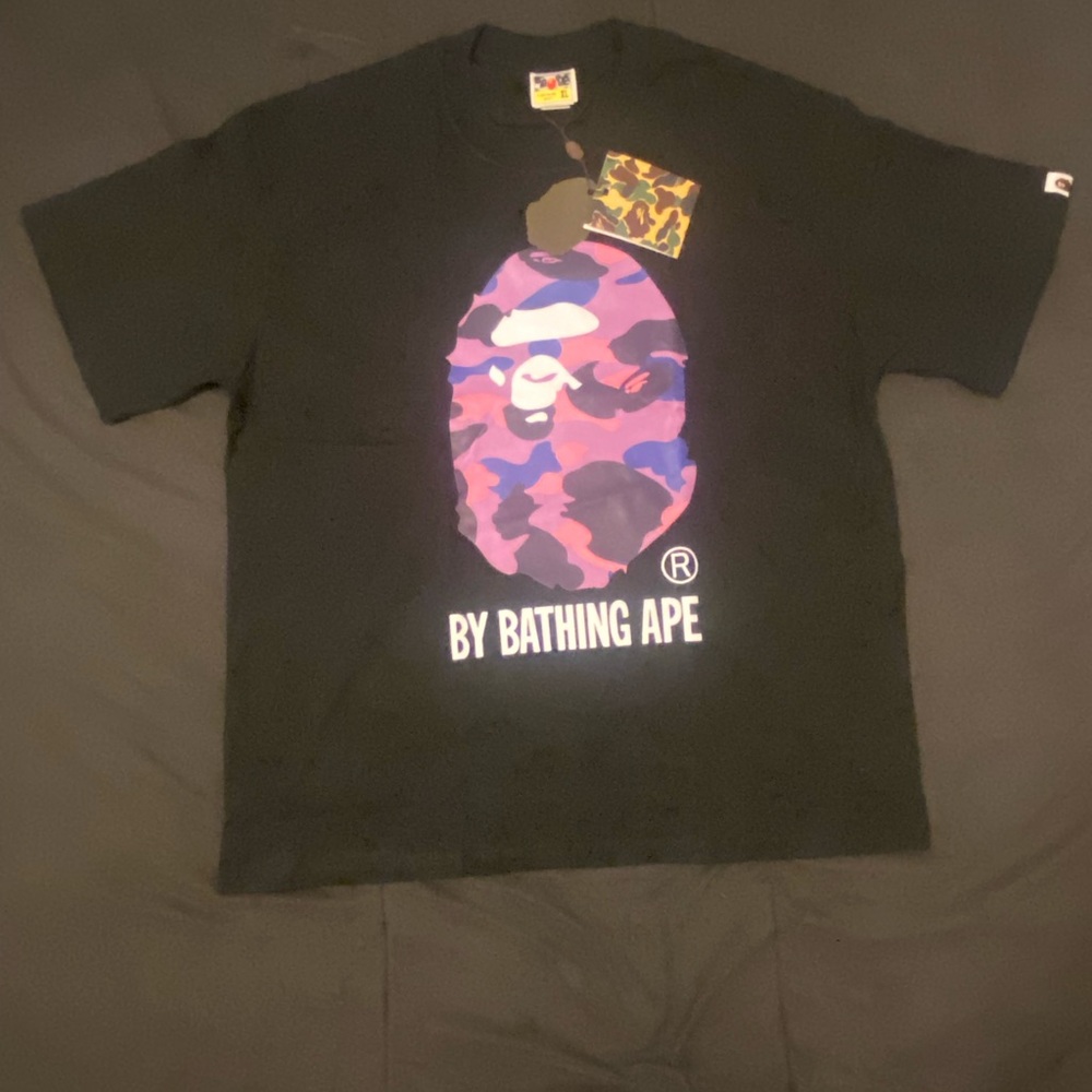 Bape Black Tee with Purple Camo Ape Logo